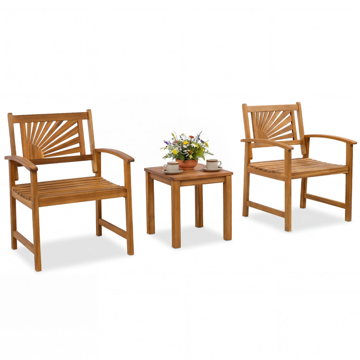 Natural acacia wood bistro set with two sunburst-back chairs and a flower-topped table