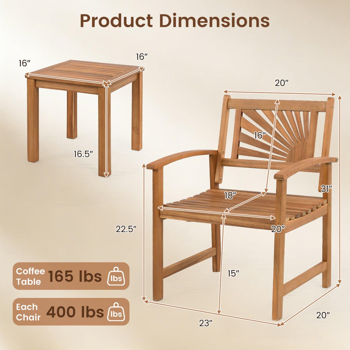 Dimension diagram of an acacia wood bistro set showing chair and coffee table measurements