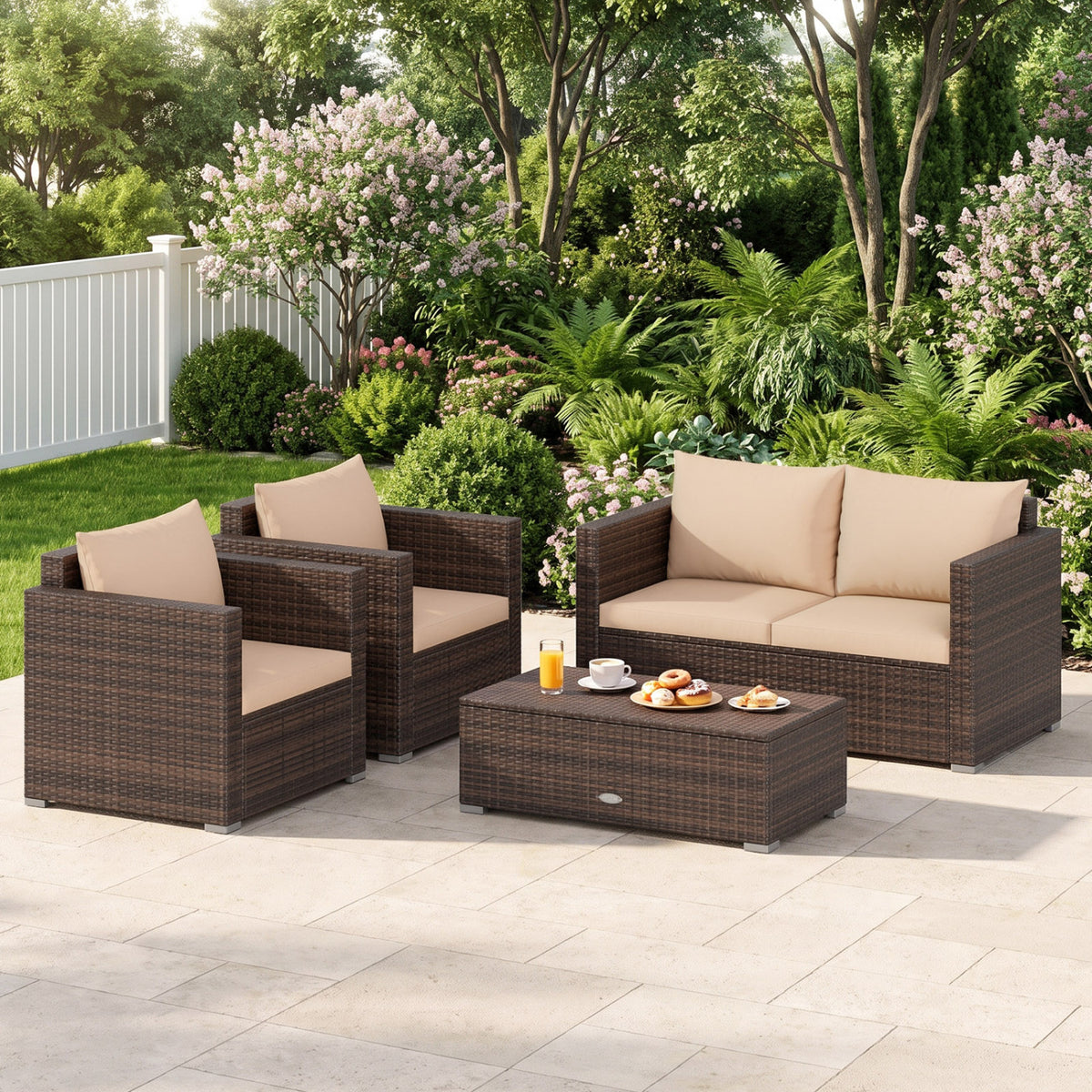 4Pcs Patio Rattan Cushioned Furniture Set