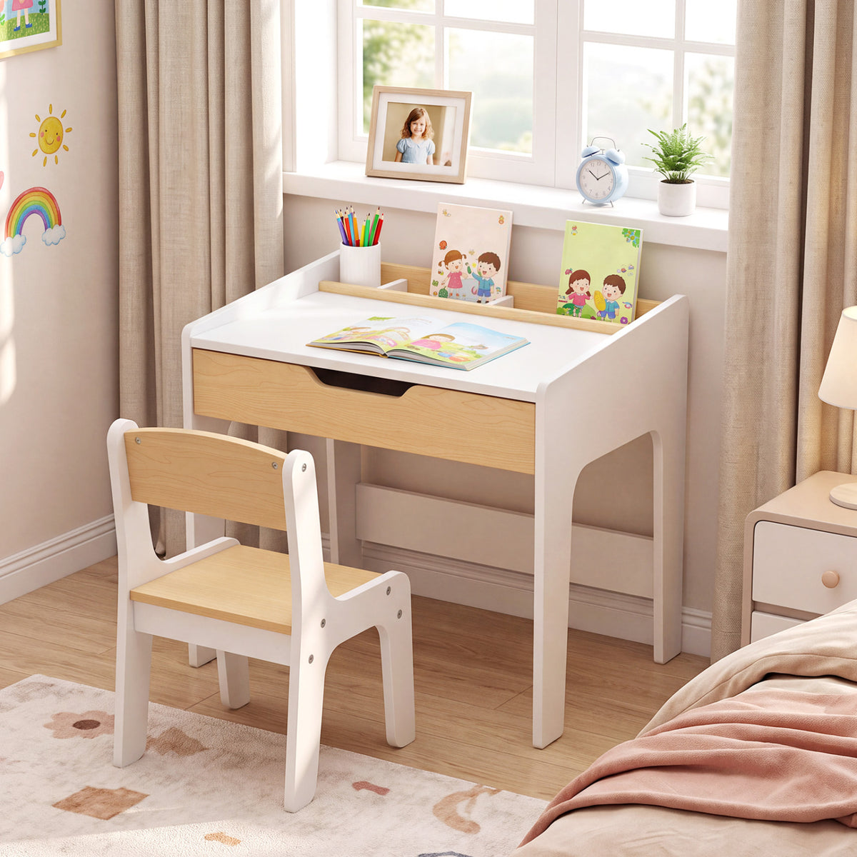 White and light wood children’s desk and chair set beside a window, with books and pencils on the desk.