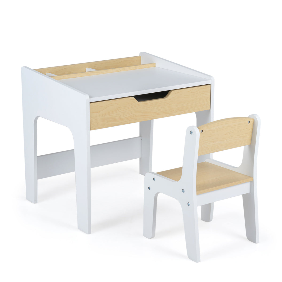 White and light wood desk and matching chair shown against a plain white background.