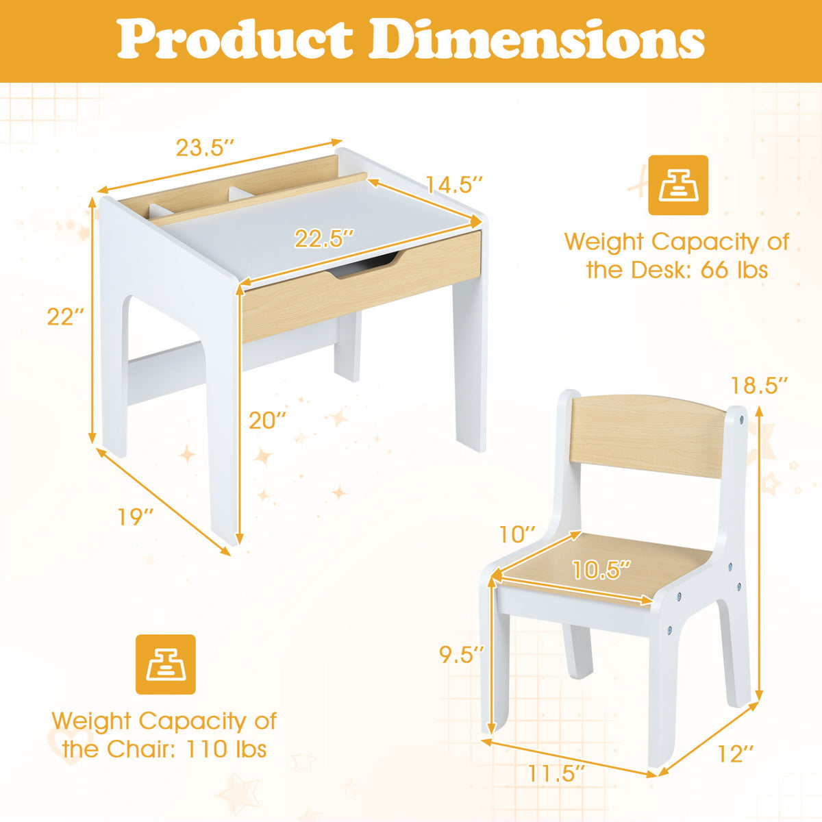 Desk and chair shown separately with measurement arrows and weight-capacity icons.