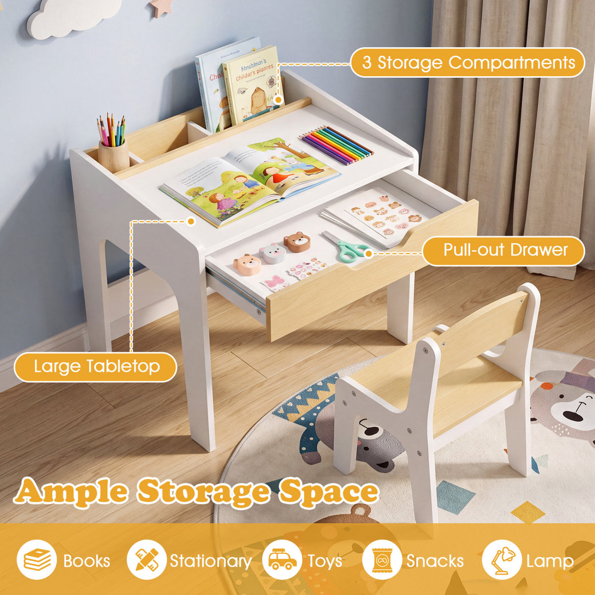 Desk drawer pulled open beside the matching chair, with books and art supplies arranged on the desk.