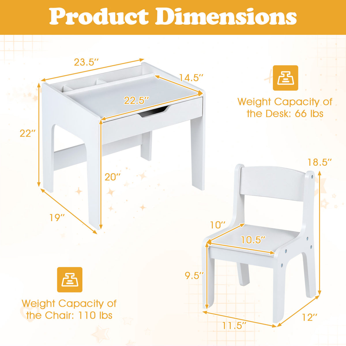 White desk and chair shown separately with orange measurement arrows and weight-capacity icons.