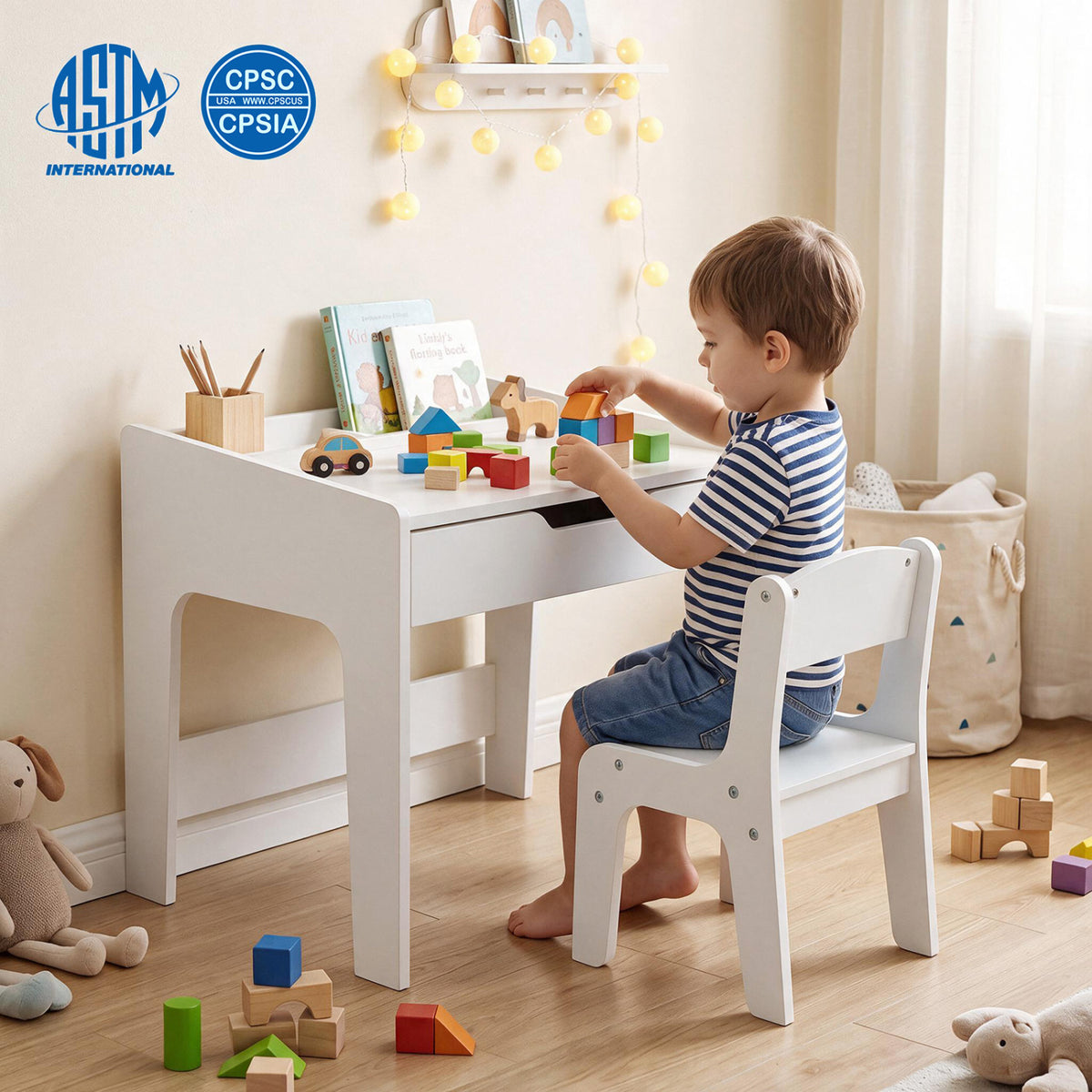 A child sits at a white desk and matching chair, playing with colorful blocks in a bright room.