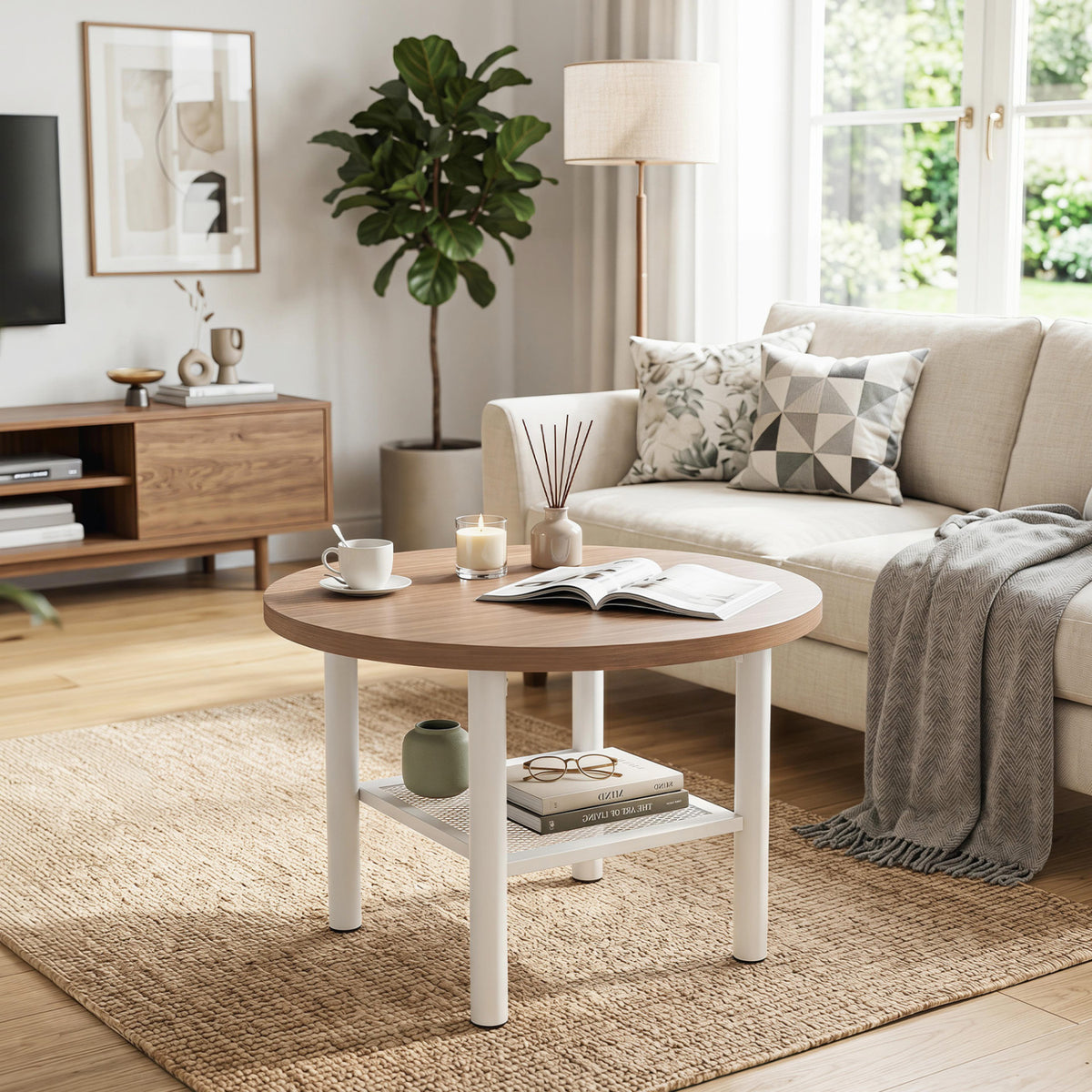 Round wood-look coffee table with white legs and a lower shelf in a bright living room.
