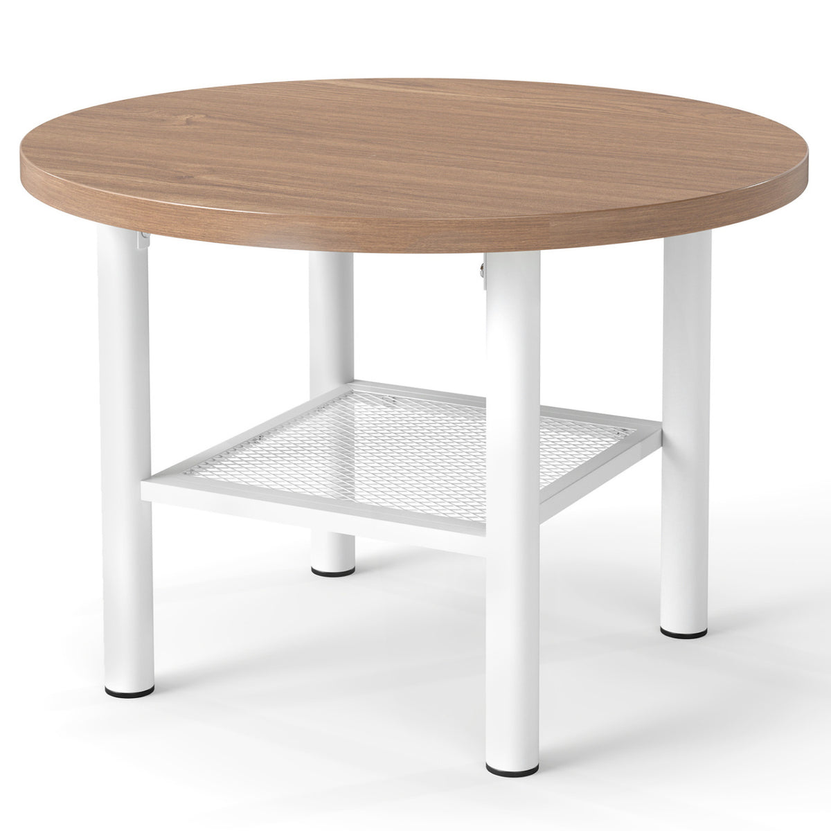Unstyled round coffee table with a wood-look top, white legs, and a mesh lower shelf.