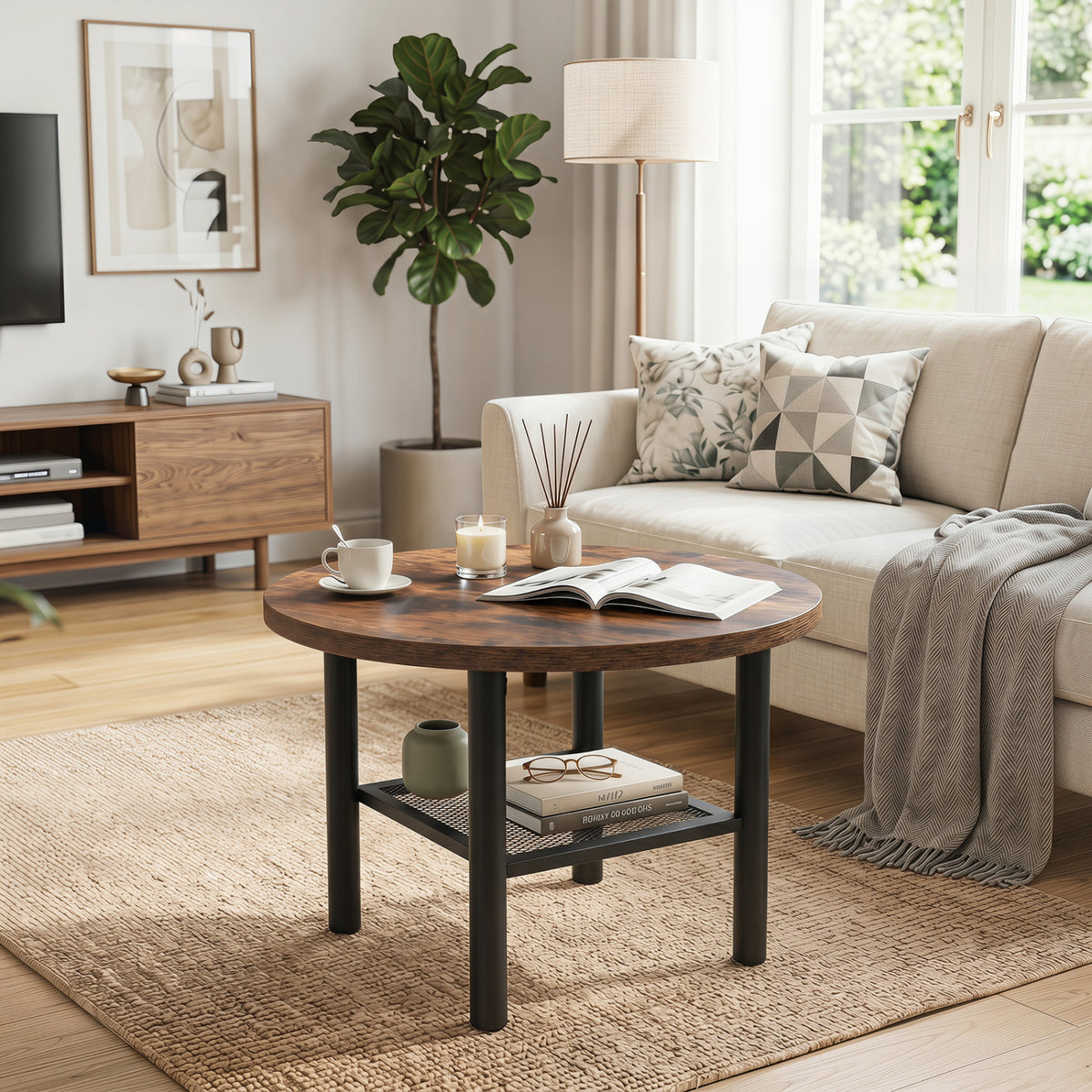 Round coffee table with a dark metal frame and mesh shelf beside a cream sofa and rug.