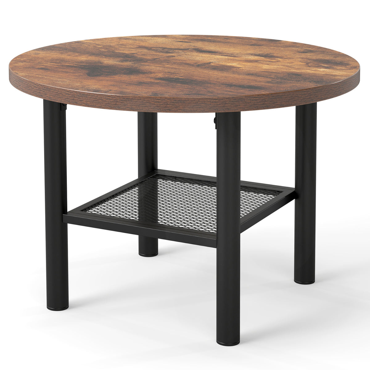 Unstaged round coffee table showing its wood-look top, four black legs, and mesh lower shelf.