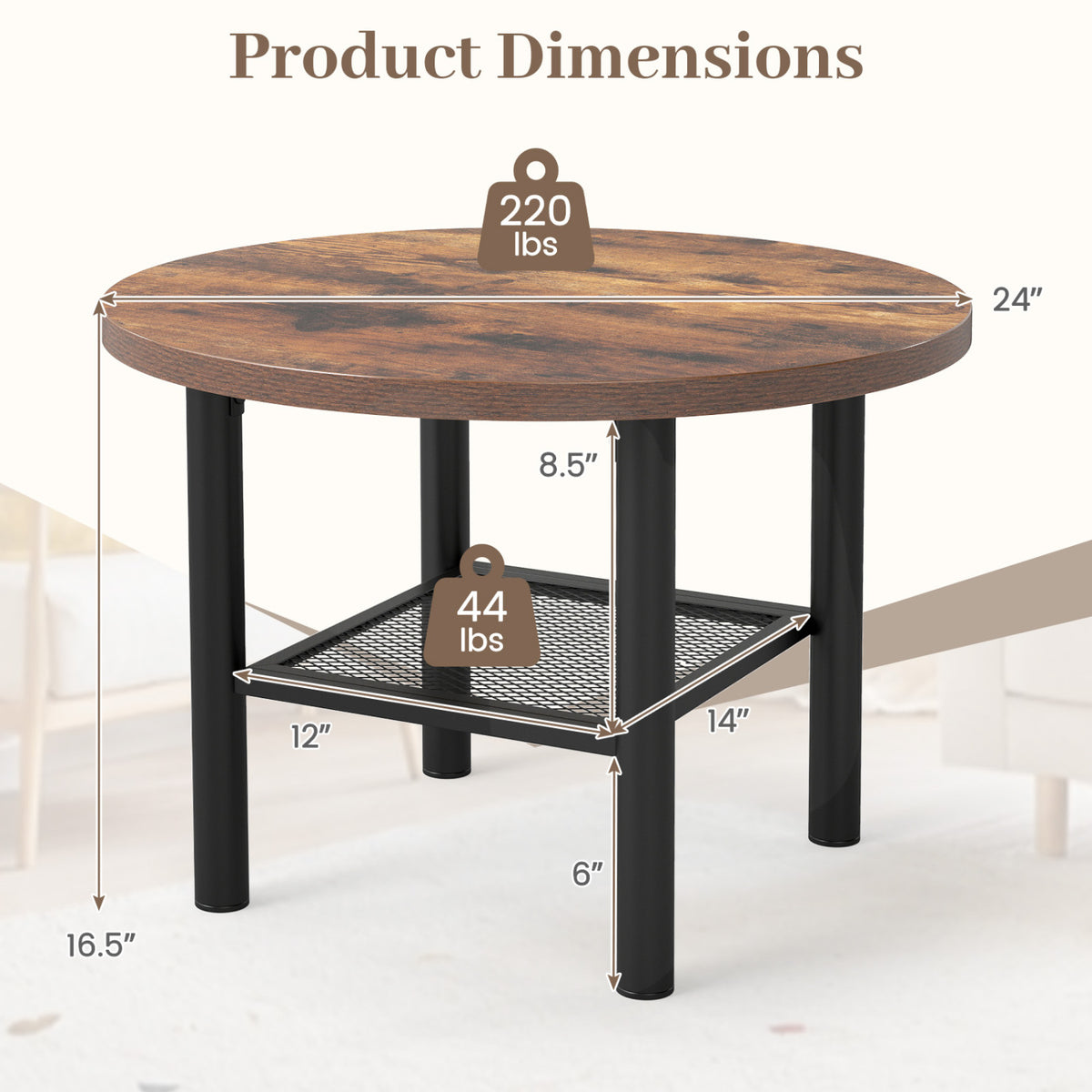 Round wood-look coffee table with black metal legs and mesh lower shelf, shown with measurement arrows.