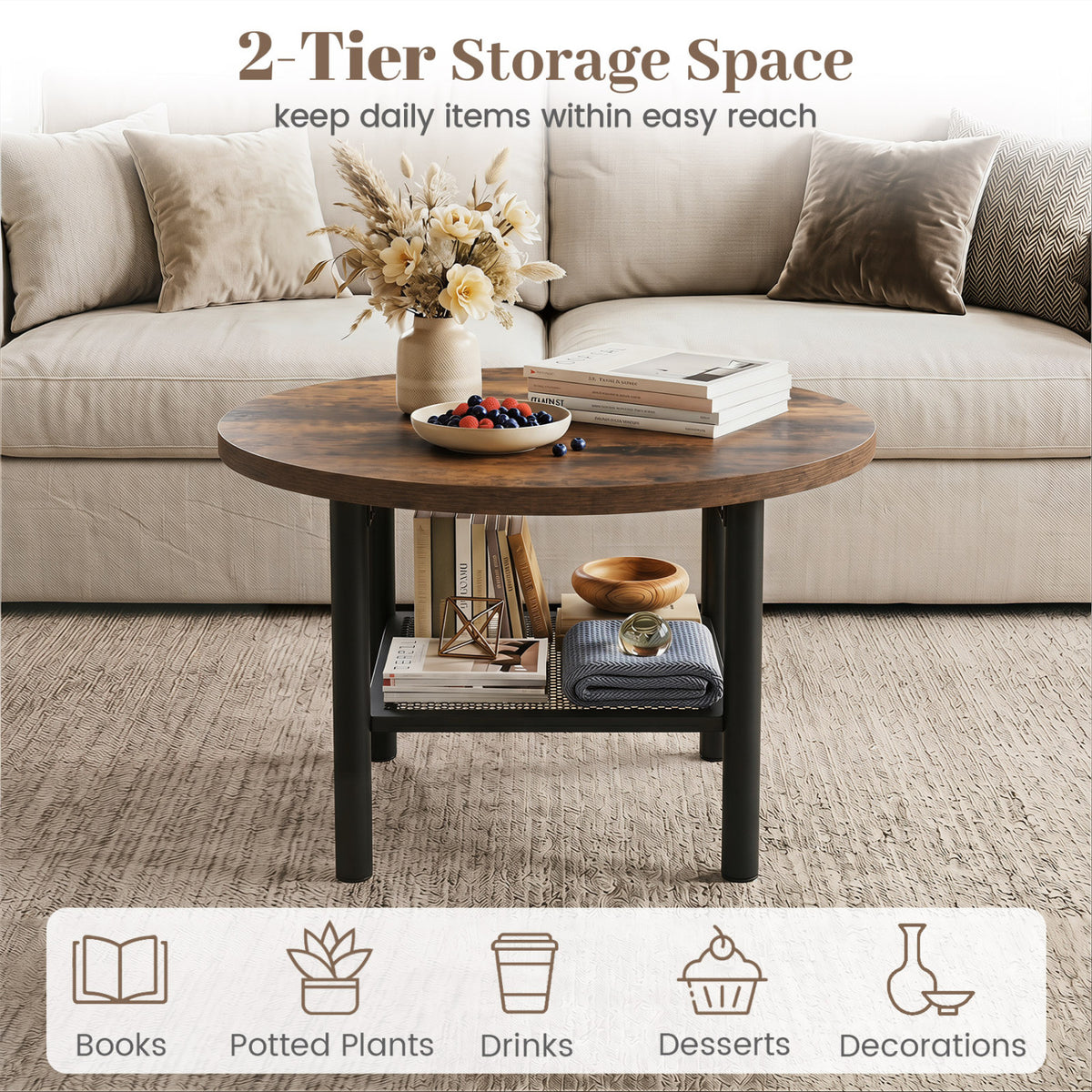 Two-tier round coffee table in front of a sofa, with books and decor on its lower mesh shelf.