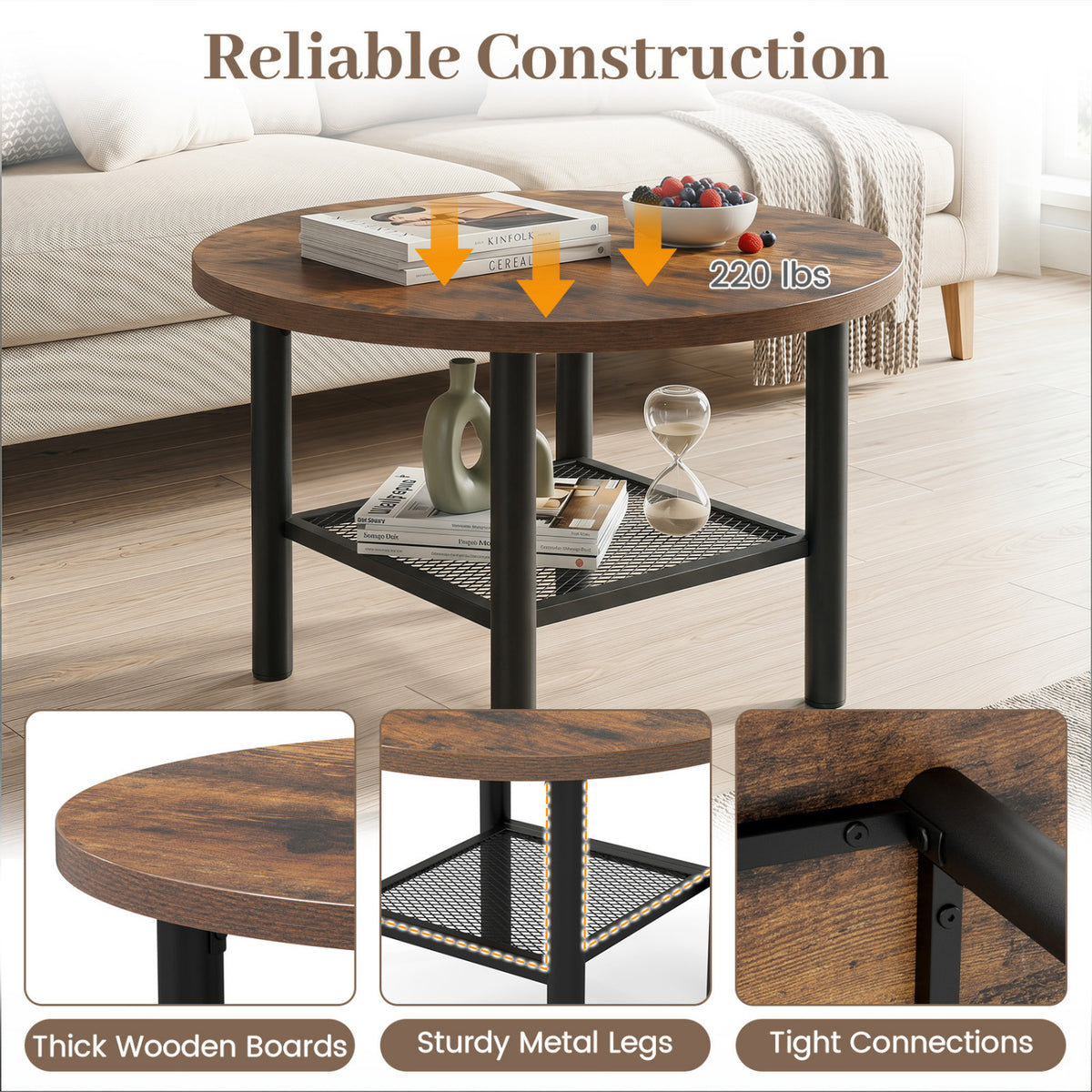 Coffee table shown with tabletop, metal frame, and close-up views of its leg connections.