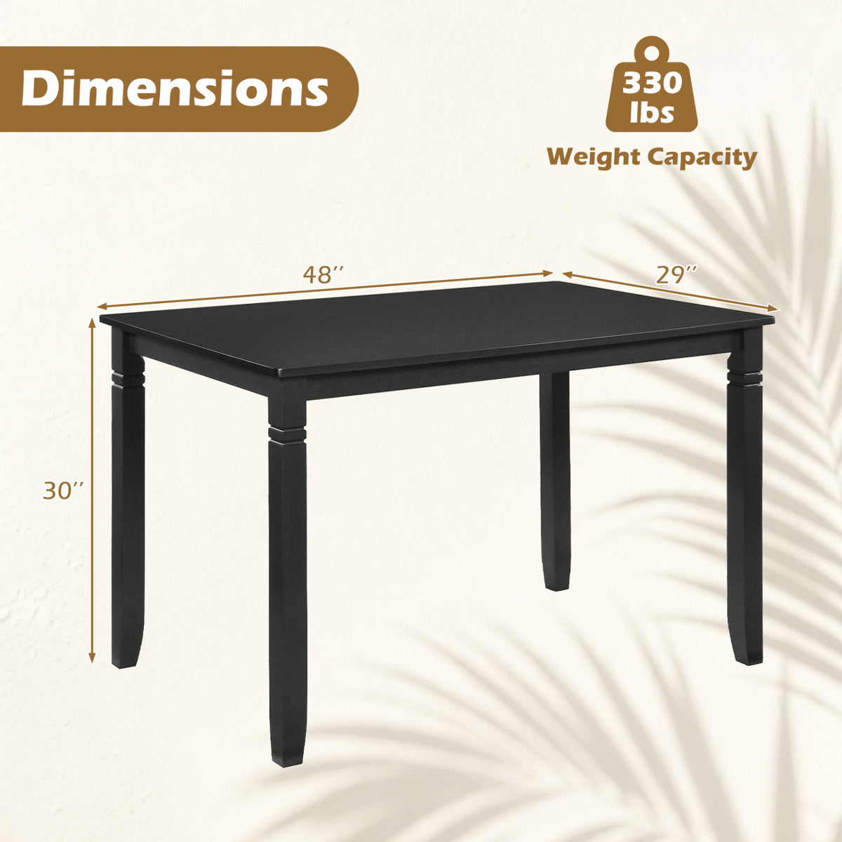 Black rectangular table shown alone with arrows indicating its length, width and height.
