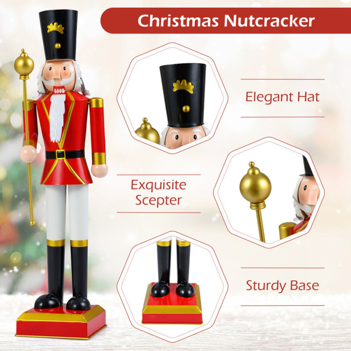 Red and white Christmas nutcracker with close-up detail graphics on white