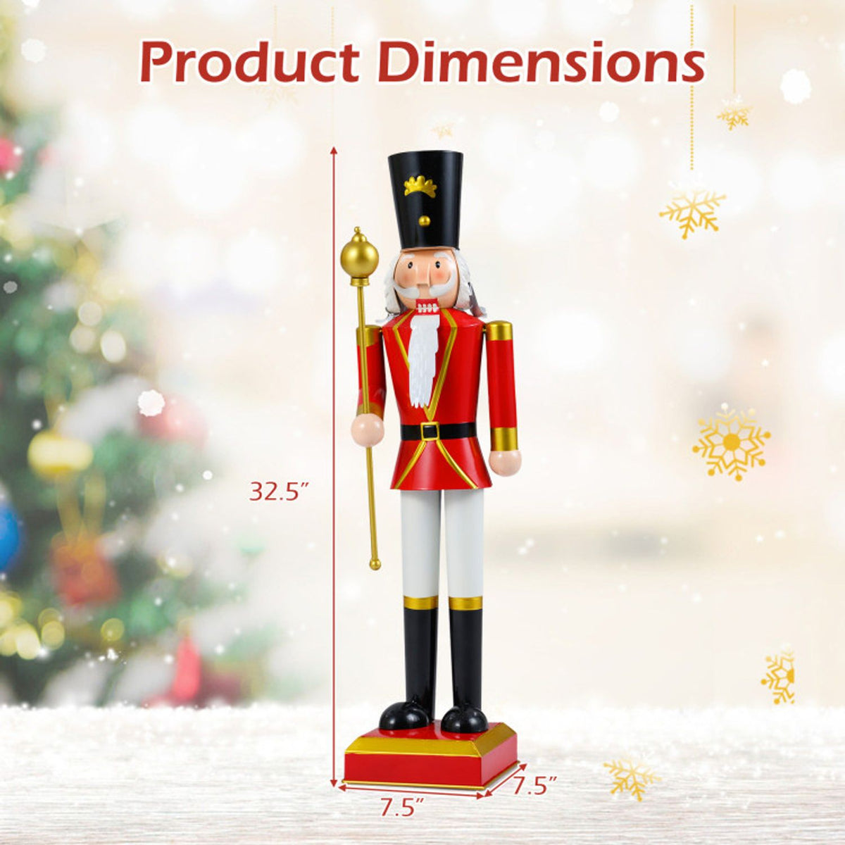 Red Christmas nutcracker with close-up callouts for its hat, scepter, and base