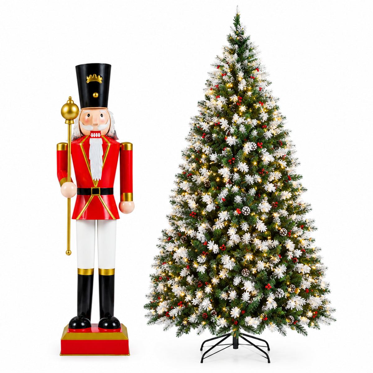 Snow-flocked artificial Christmas tree and red nutcracker shown on white