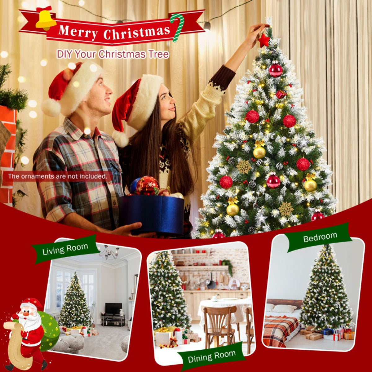 People decorating a lit Christmas tree with smaller room-setting examples below