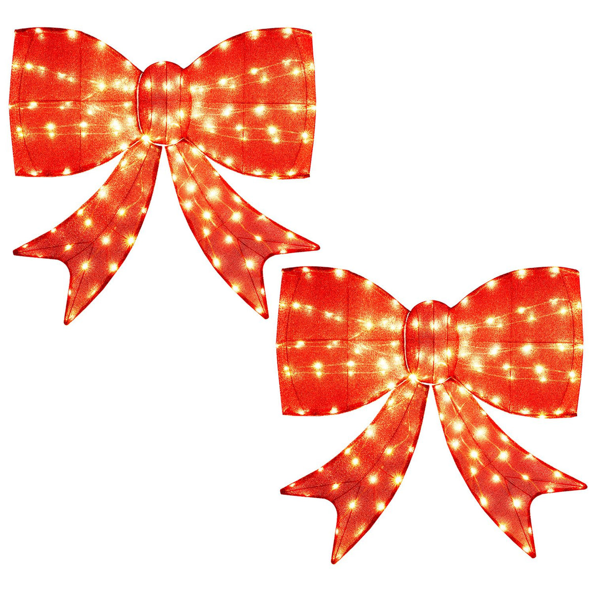 Two red bows with warm lights are shown against a white background.