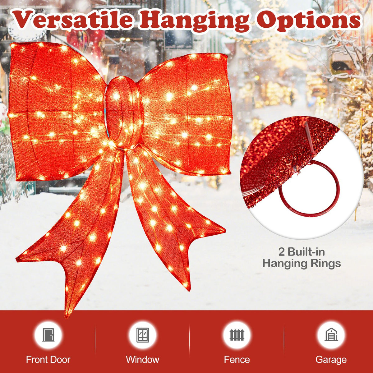 Close-up of a lit red bow beside an inset view of a hanging ring and icons for placement options.