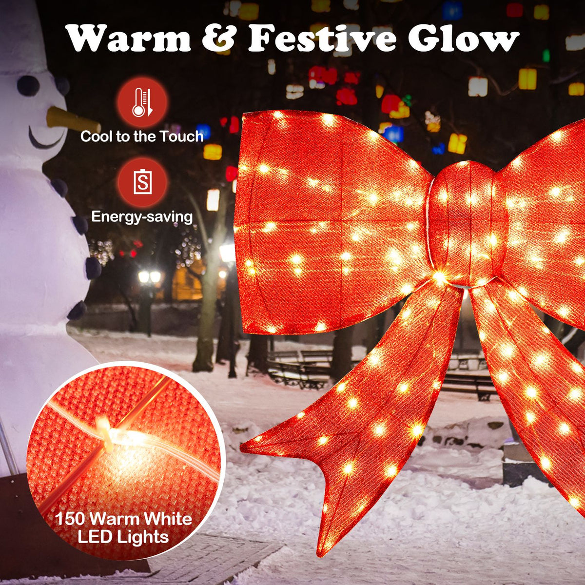 Glowing red bow shown outdoors beside a circular close-up of its lights and a snowman.