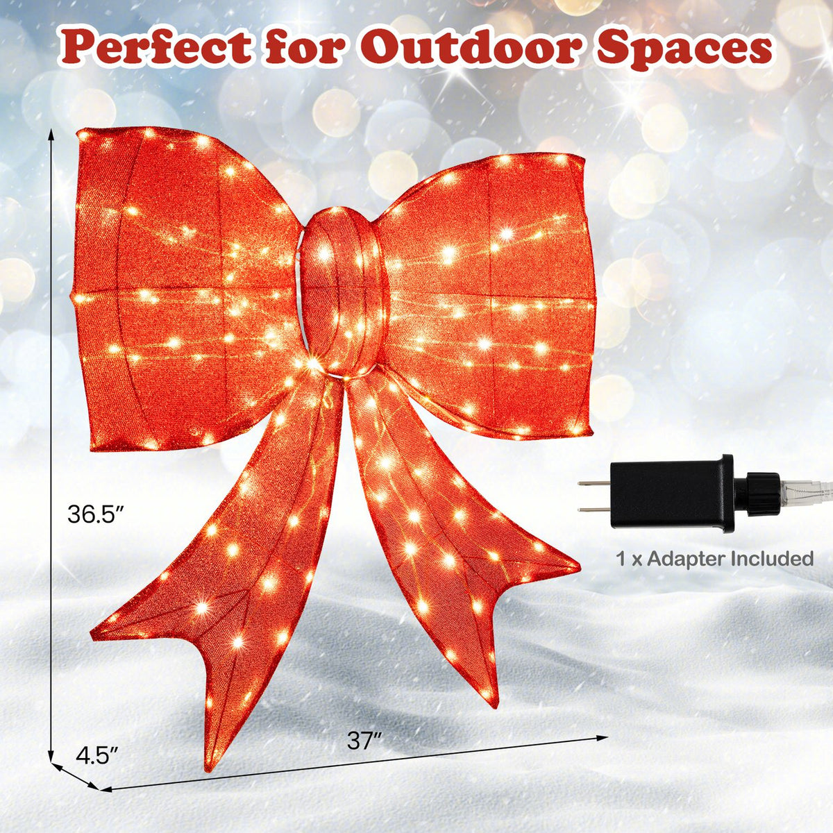 A lit red bow is shown with measurement arrows and a plug adapter on a snowy background.