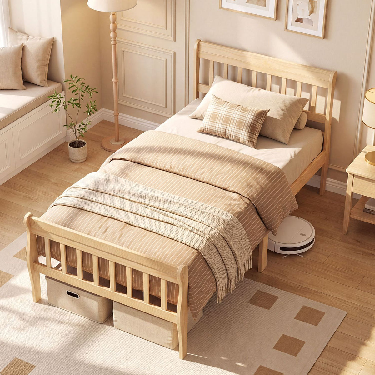 Light wood slatted bed viewed from above, with neutral bedding and storage boxes beneath it.