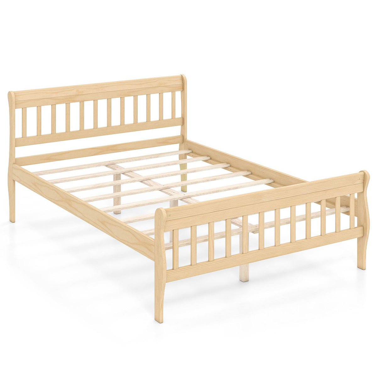 Light wood bed frame shown without bedding, revealing the slatted headboard, footboard, and mattress supports.