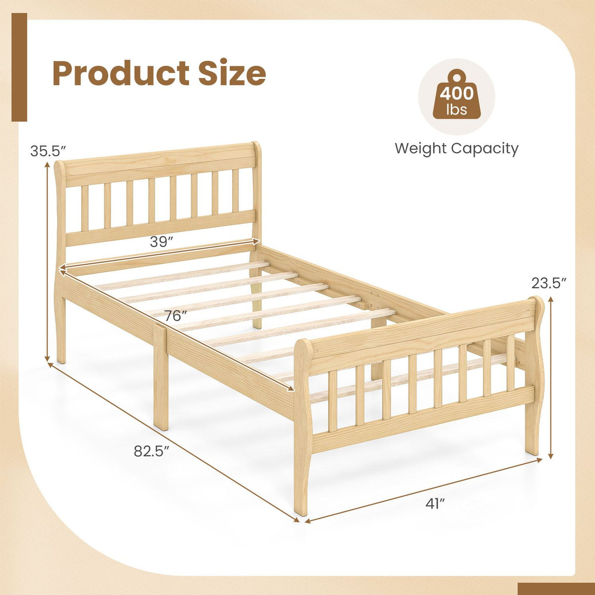 Bed frame illustration with measurement arrows and a weight-capacity badge.