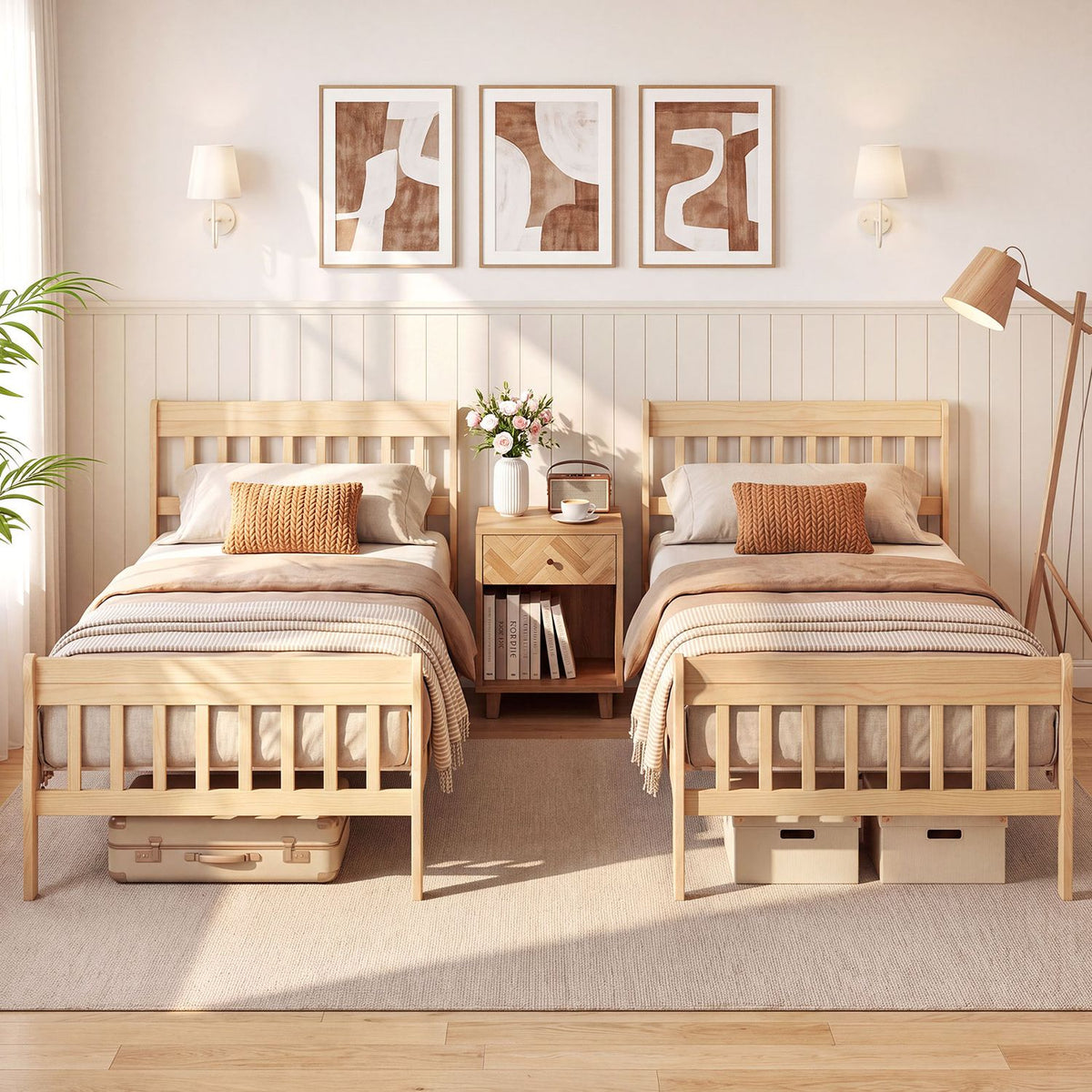 Two light wood platform beds with slatted headboards and footboards, staged side by side in a bright bedroom.