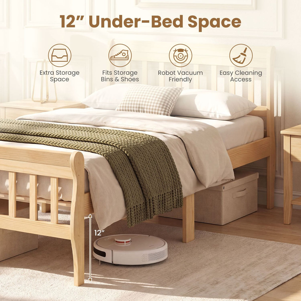 A light wood bed shown with storage boxes and a robot vacuum beneath it.