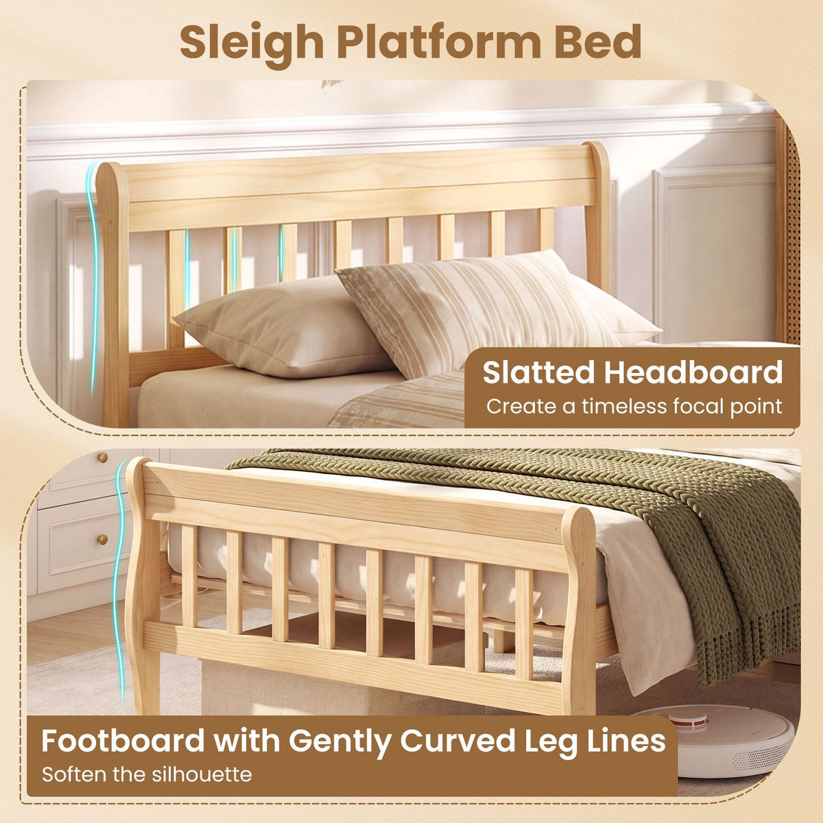 Close-up views of the slatted headboard and curved-leg footboard on a light wood bed.