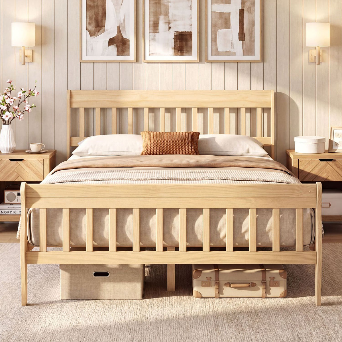Light wood bed with slatted headboard and footboard, dressed in neutral bedding in a softly lit bedroom.