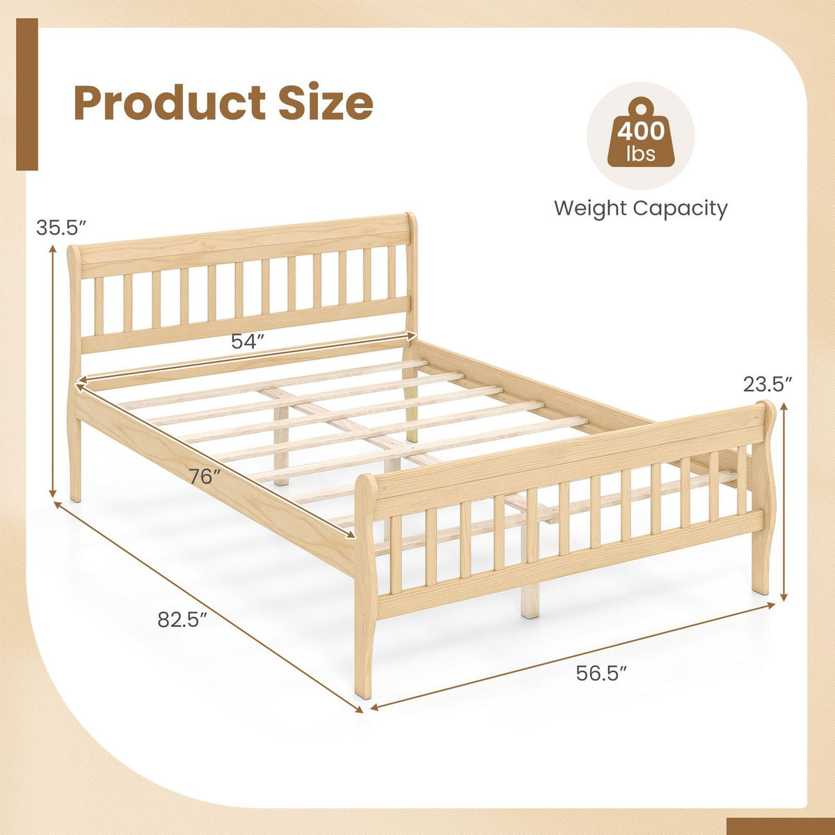 Light wood bed frame shown with measurement arrows and a weight-capacity icon.