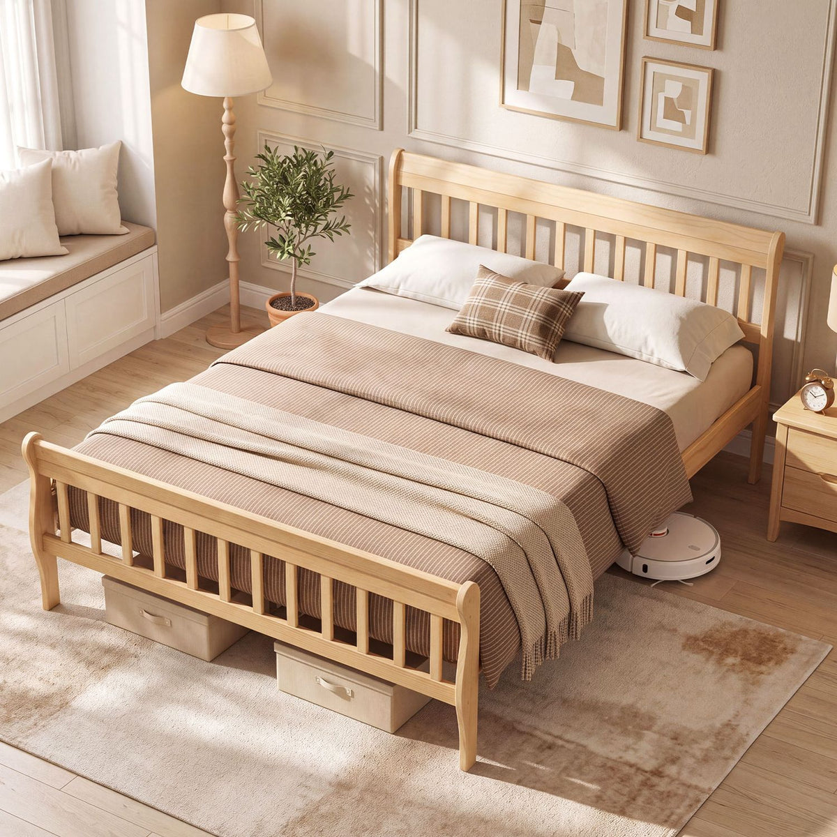 Light wood bed with slatted headboard and footboard, dressed in neutral bedding in a bright bedroom.
