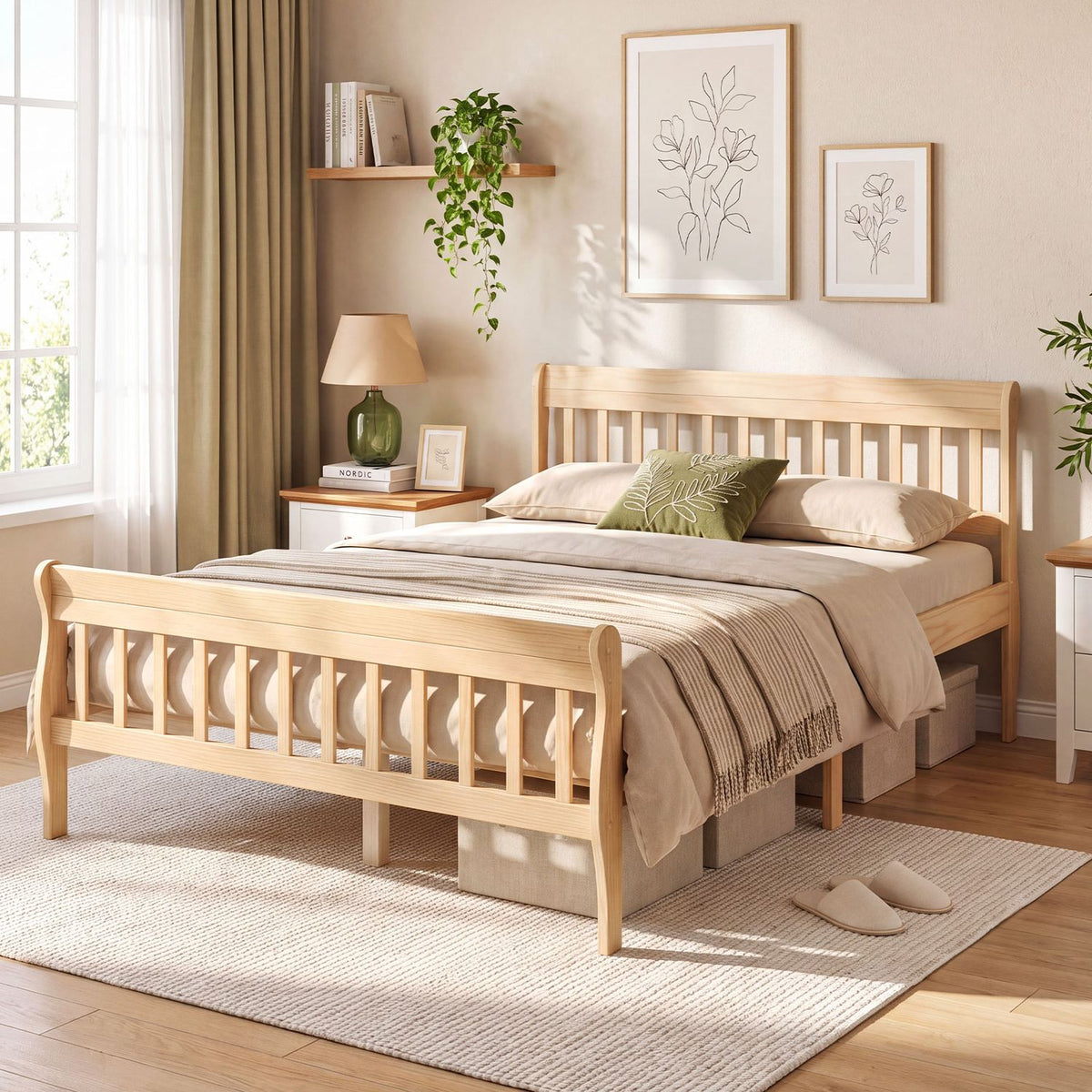 Light wood slatted bed shown from the front in a sunlit bedroom with layered neutral bedding.