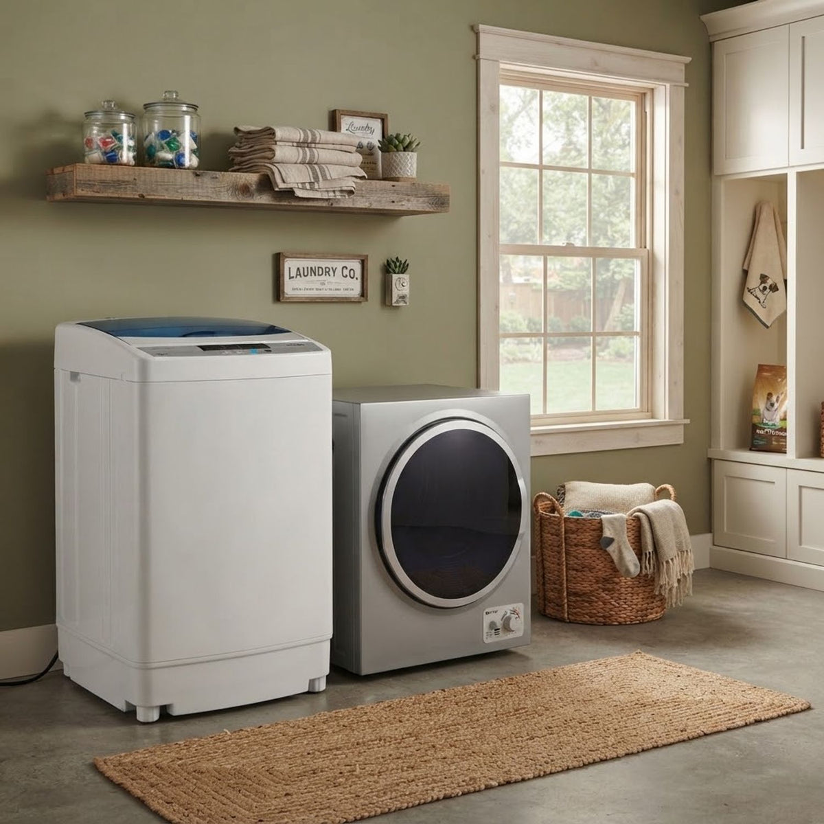 Compact top-loading washer and front-loading dryer arranged in a cozy laundry room.
