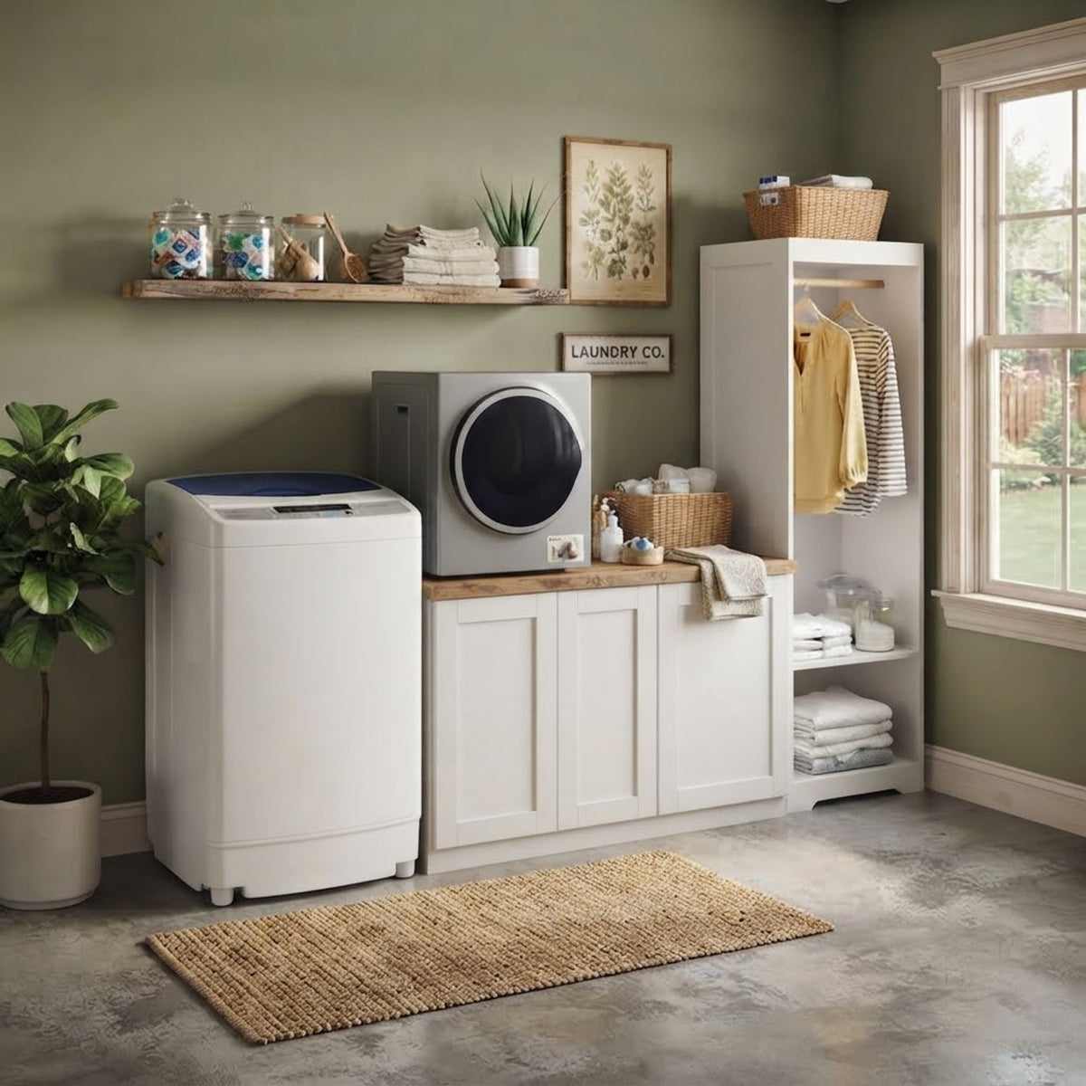 Washer and dryer displayed beside white laundry cabinets, open shelving, and a window.