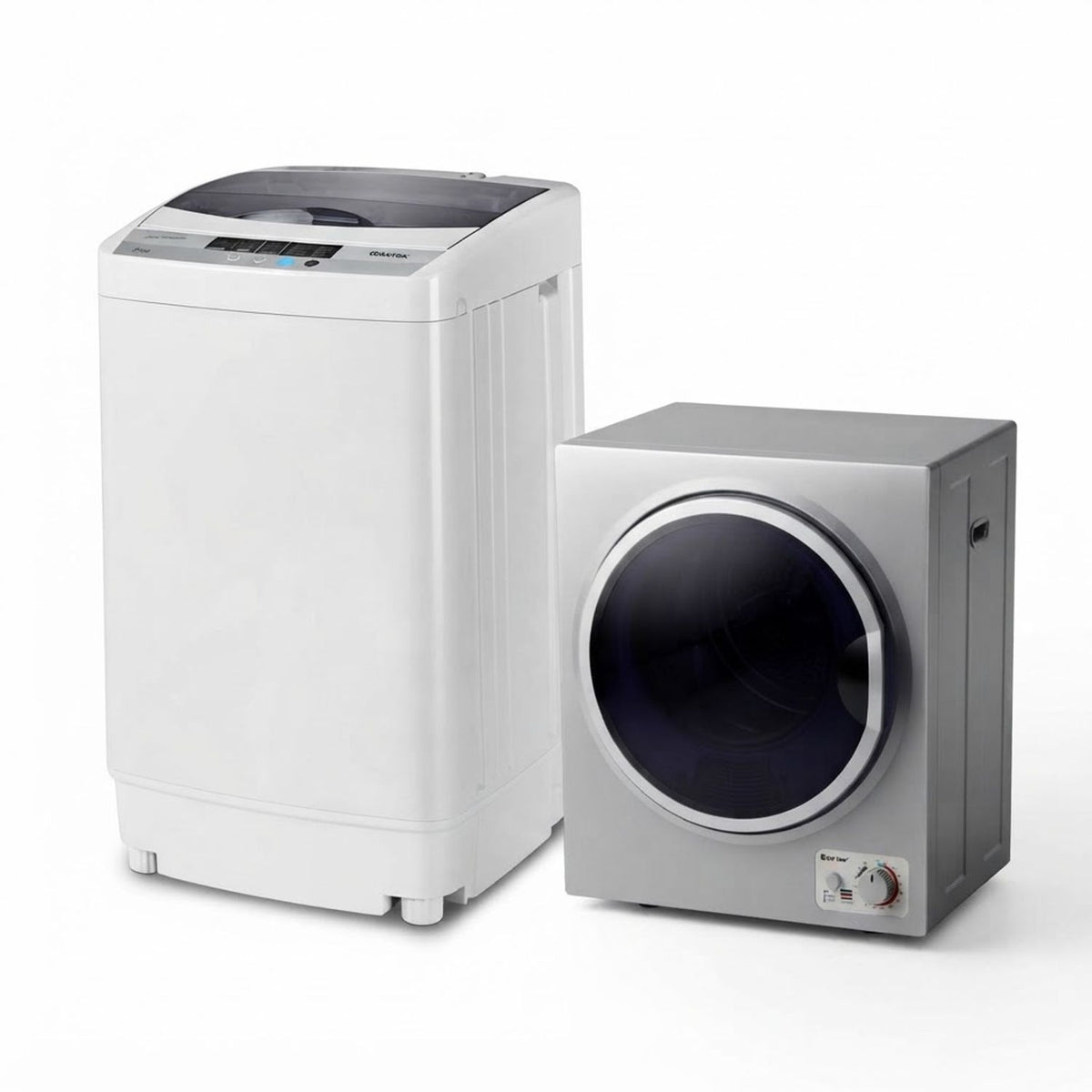 White top-loading washer beside a compact gray dryer against a plain white background.