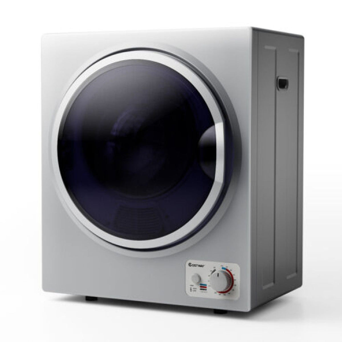 Close view of the compact gray dryer, showing its round dark door and lower control dial.