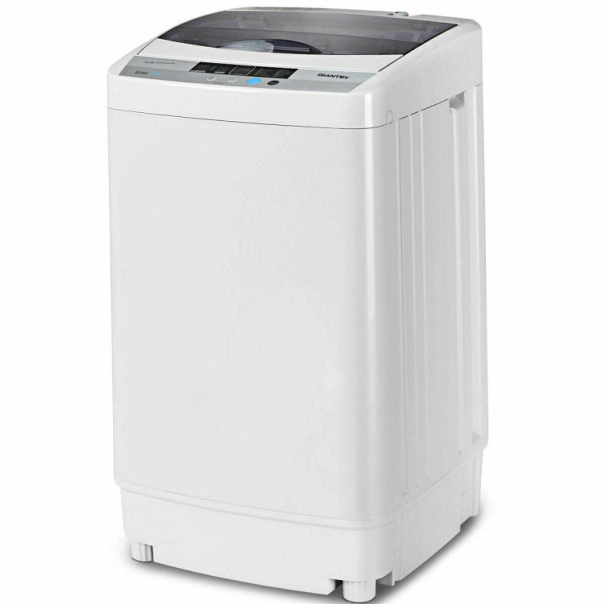 White top-loading washer shown from the front and right side, with a dark transparent lid and control panel.
