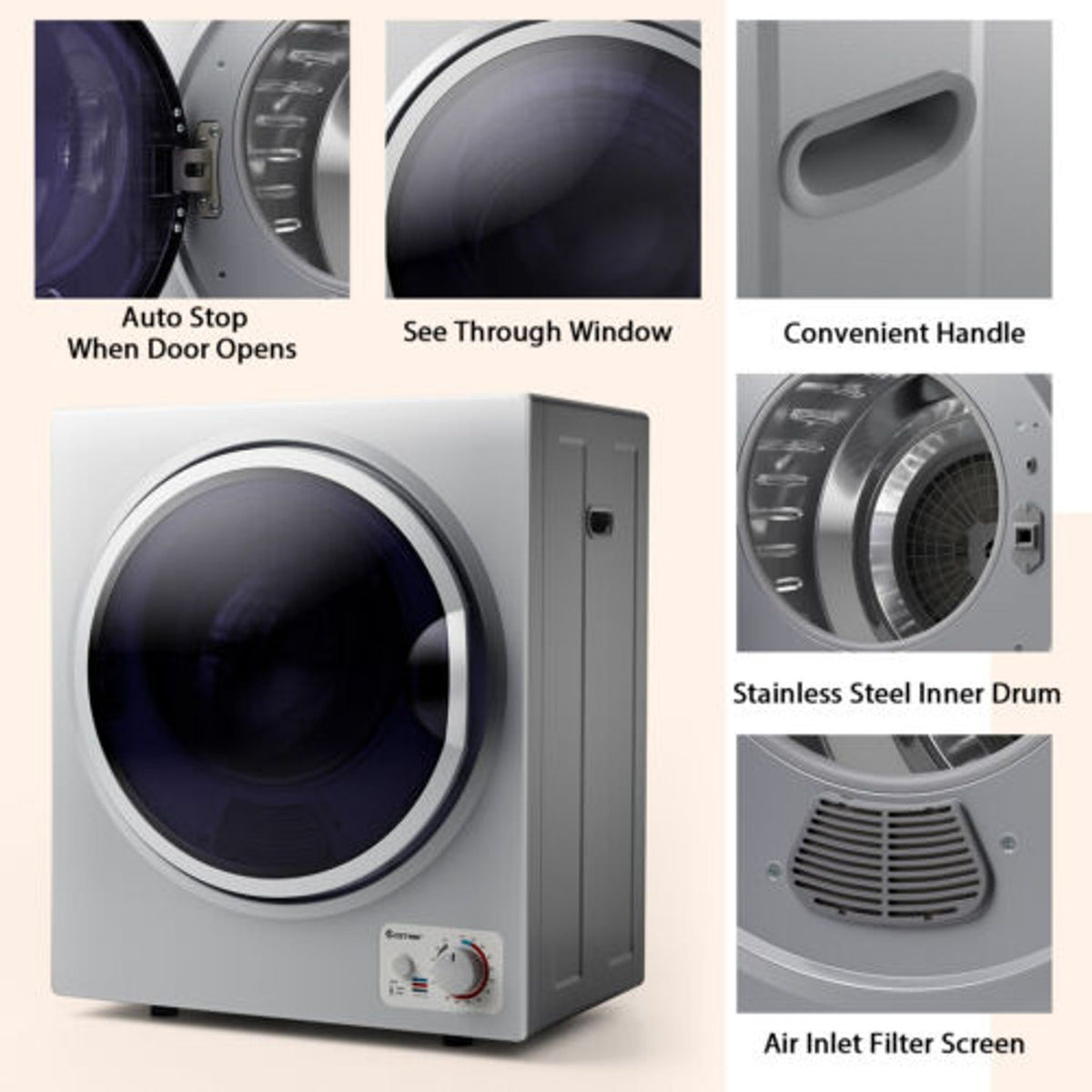 Collage showing a compact silver dryer, its open drum, round door, side handle, and vent details.