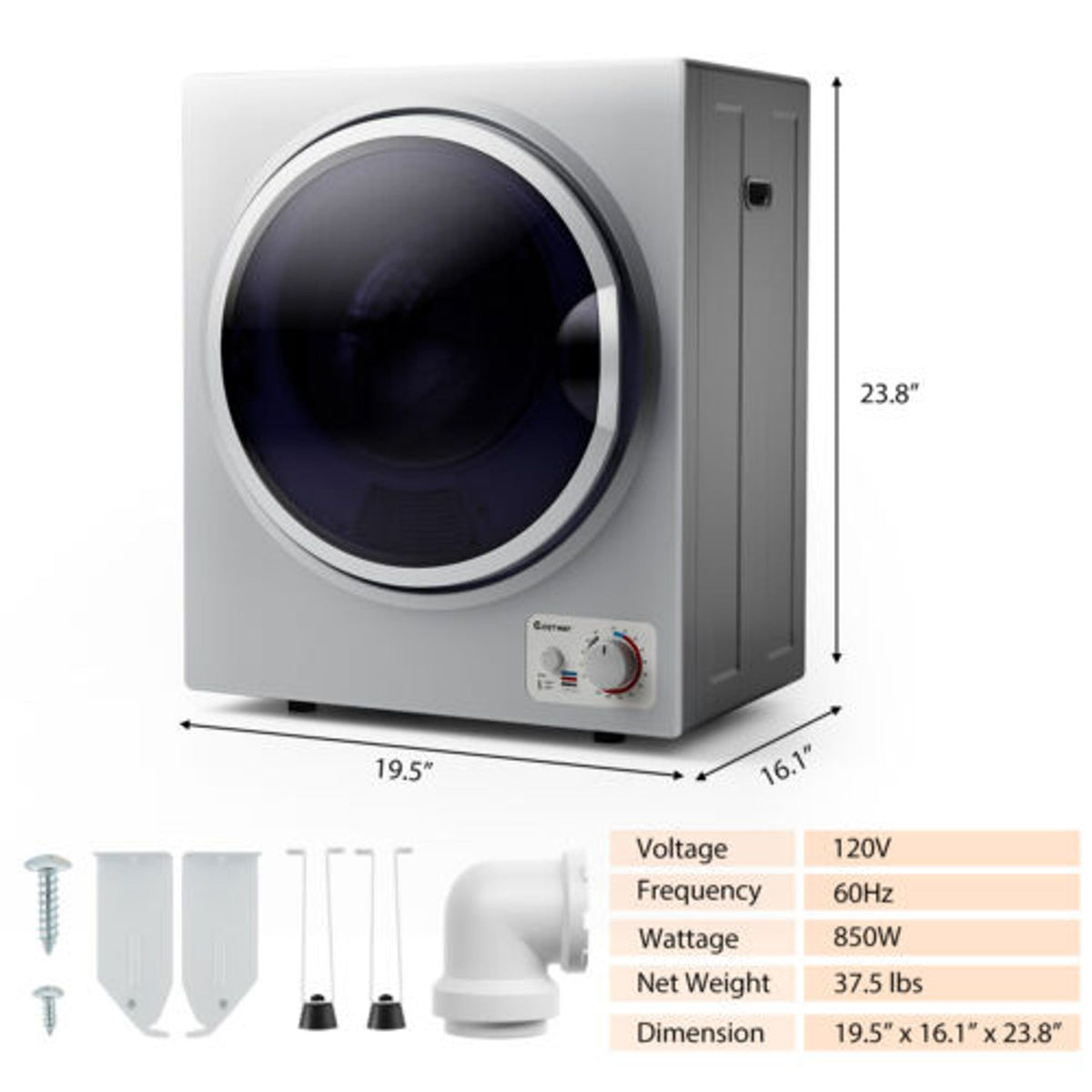 Compact silver front-loading dryer shown with its round dark door, alongside included parts.