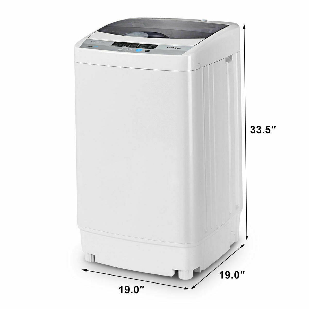 White top-loading washer shown from above at an angle, with measurement arrows around it.