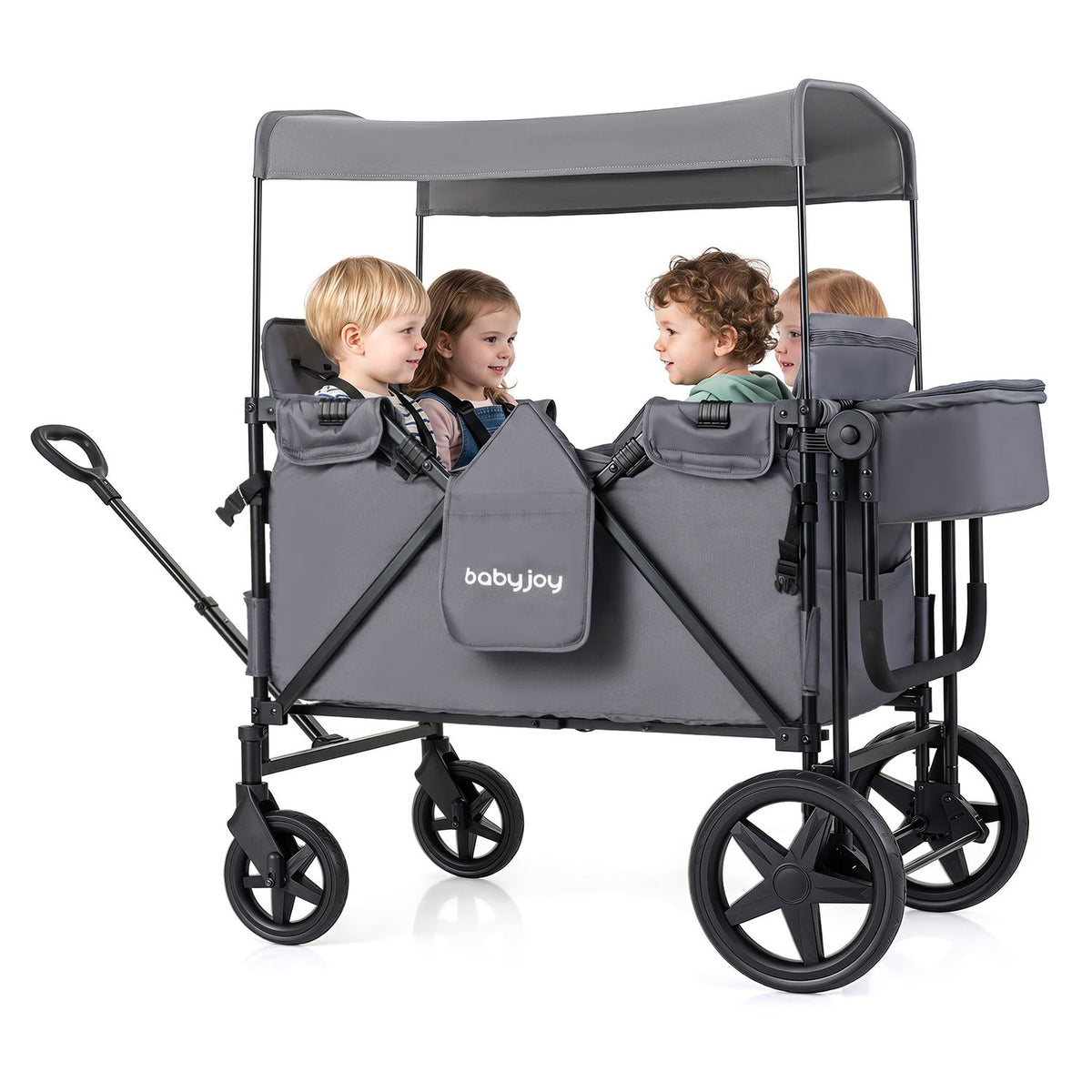 Gray covered wagon stroller with four children seated inside, shown from the side.
