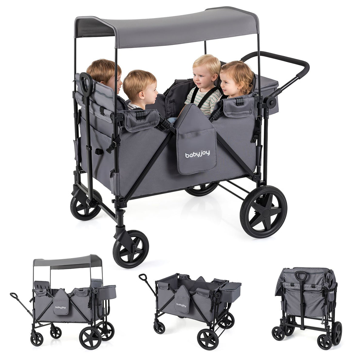 Gray wagon stroller shown carrying four children, with smaller views of it open and folded below.