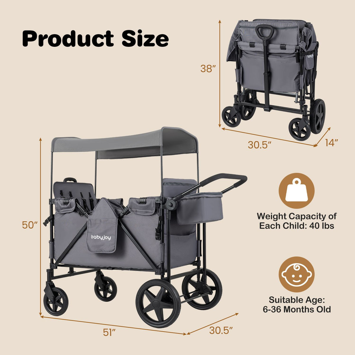 Wagon stroller shown open and folded with dimension arrows and child capacity and age callouts.