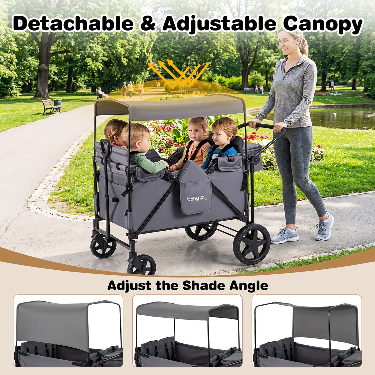 A woman pushes a covered wagon stroller in a park, above three close-ups showing canopy positions.