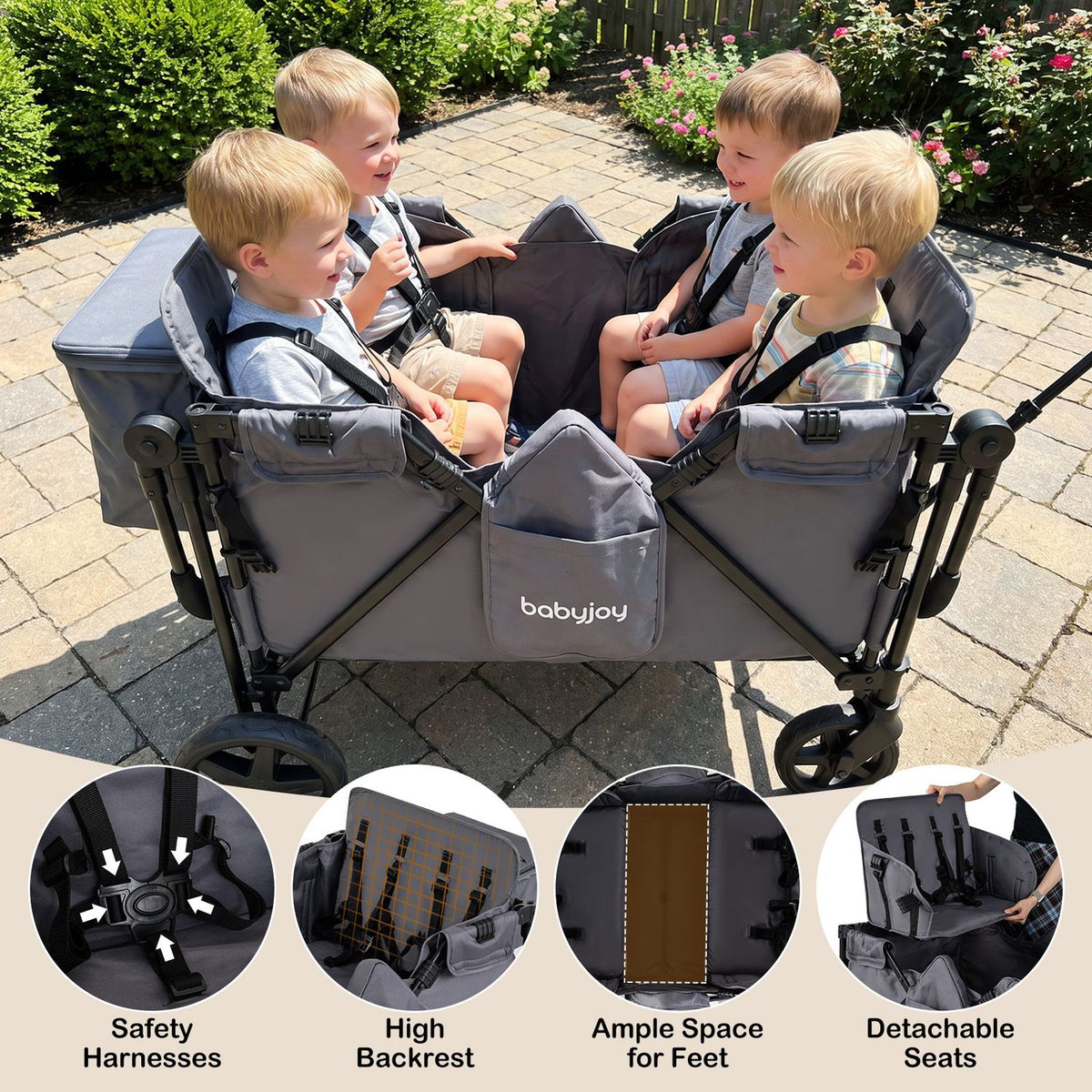 Four children sit facing each other in a gray wagon stroller, with circular close-ups of its seats and harnesses.
