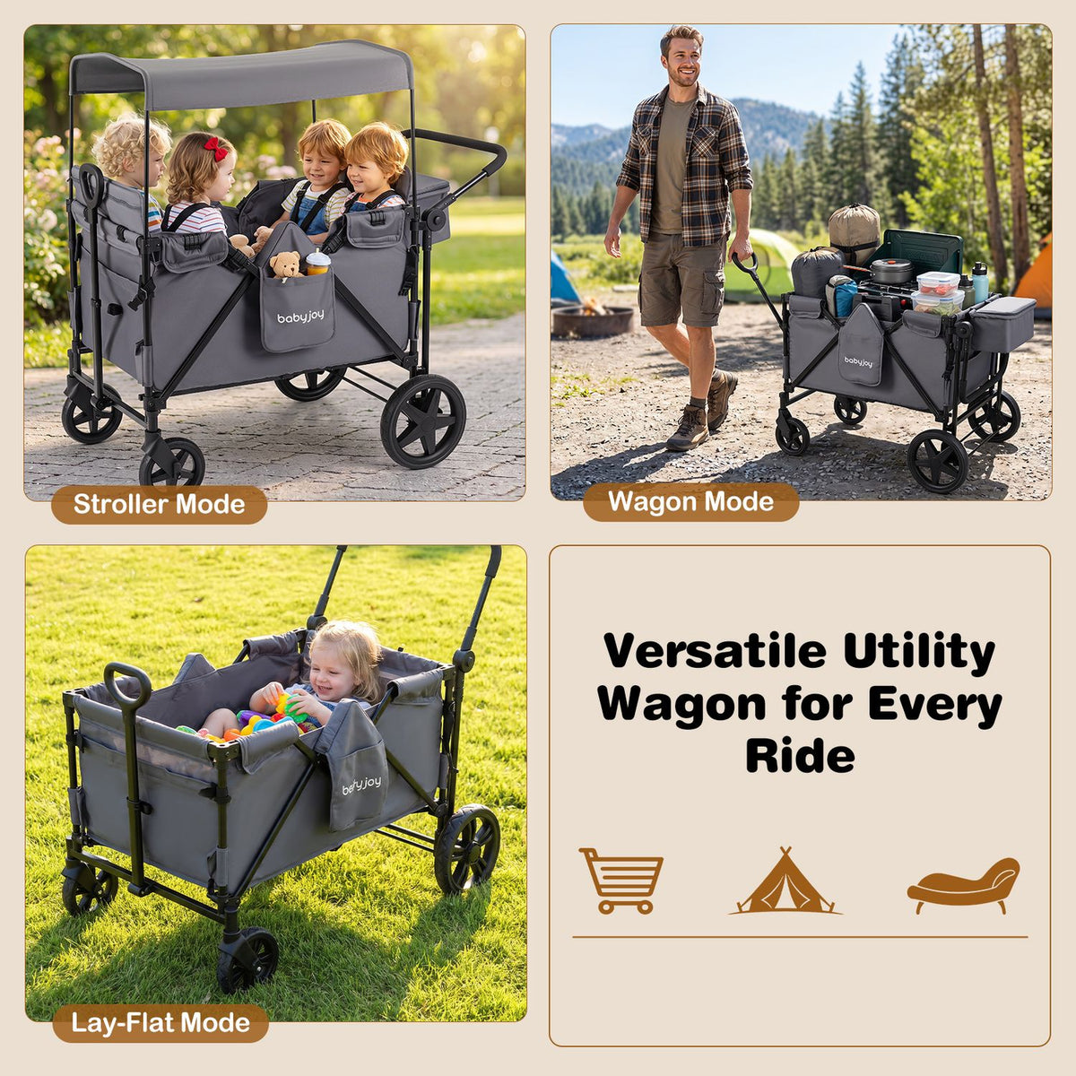 The wagon is shown with a canopy, being pulled with supplies, and set up with a child lying inside.