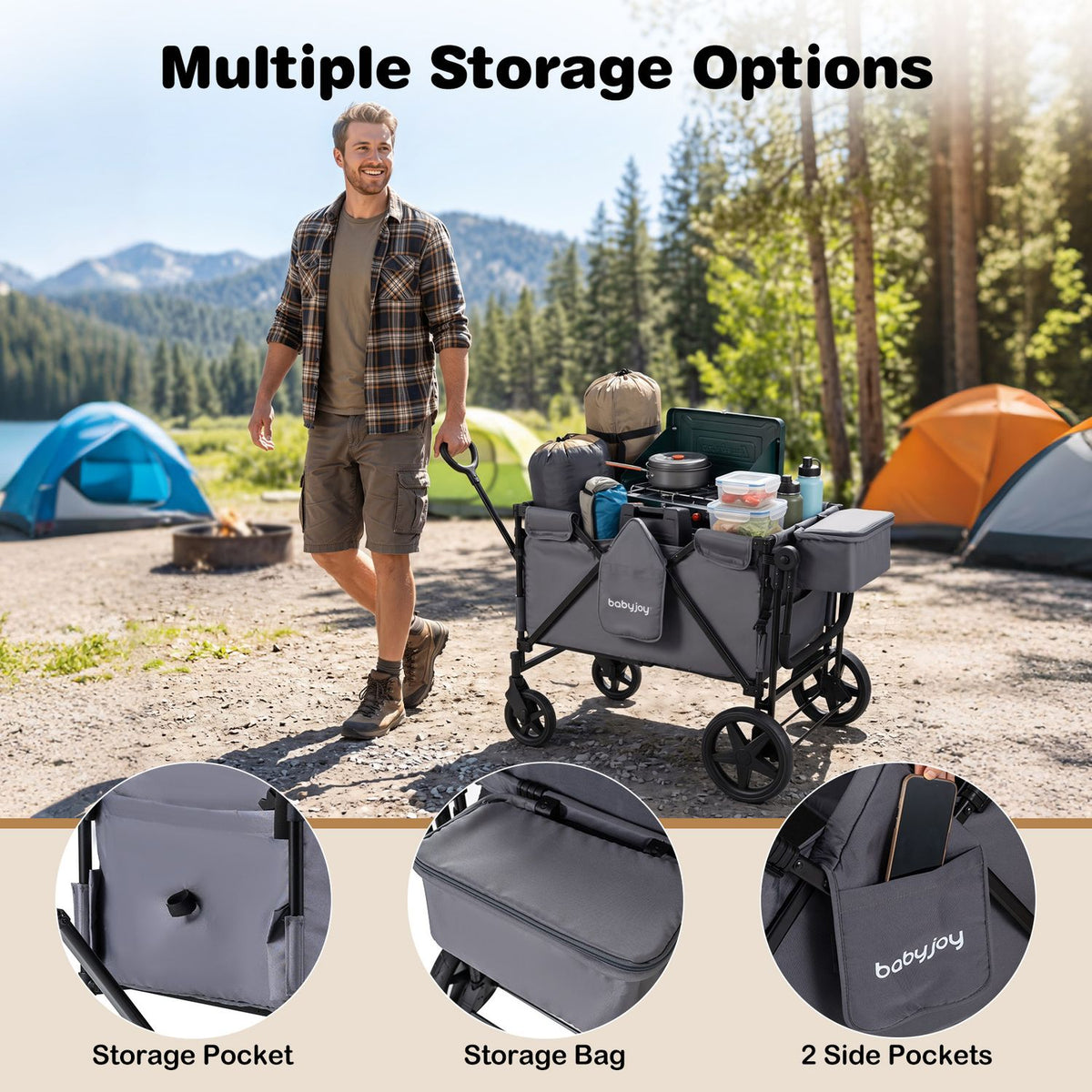 A man pulls the loaded wagon at a campsite, alongside close-ups of its pockets and storage bag.